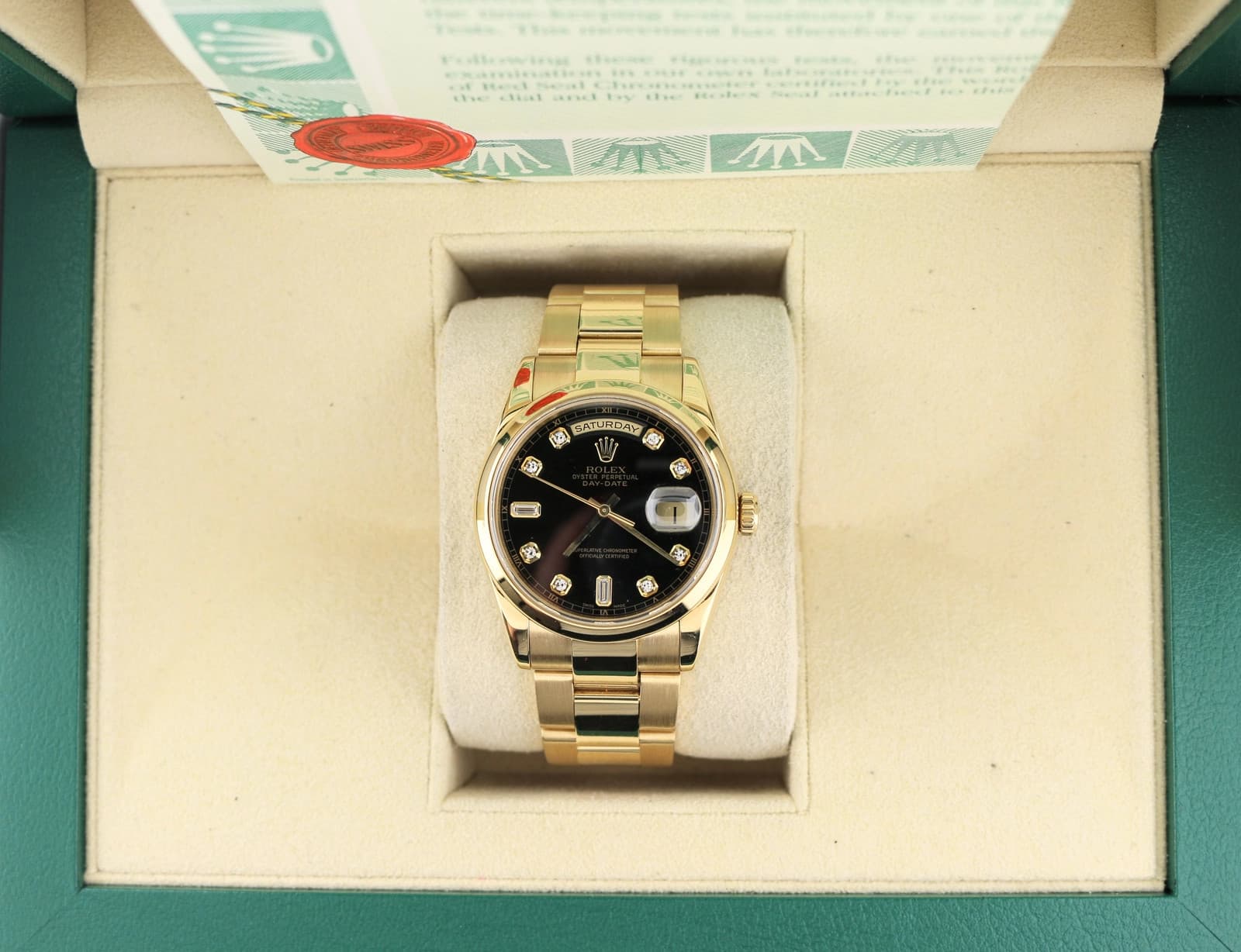 2001 Rolex President 118208 Black Diamond Dial 18kt Oyster With Papers 36mm