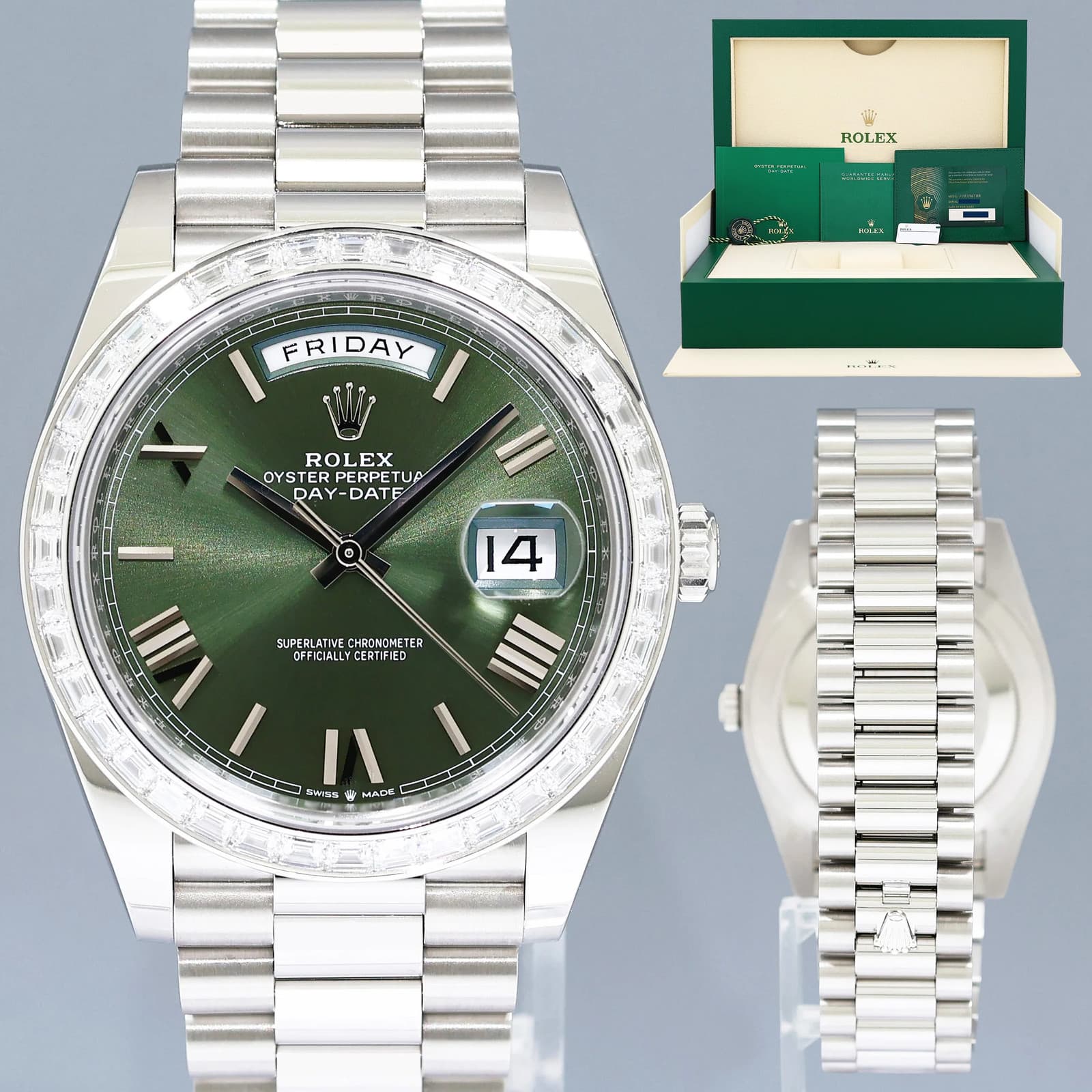 PAPERS NEW Rolex Day-Date 40 President 228236 Platinum Green Roman Watch Box