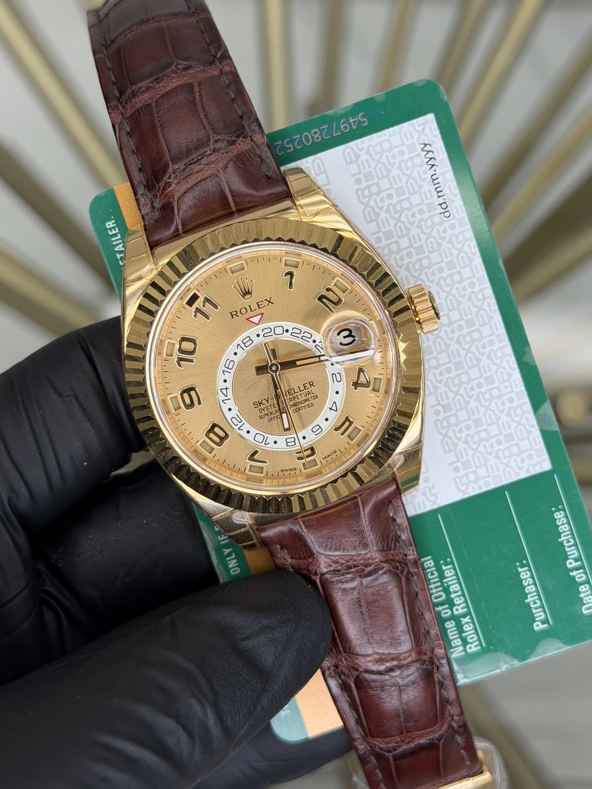 Open Date Rolex SkyDweller Champagne Arabic Dial on Leather 326138 Card