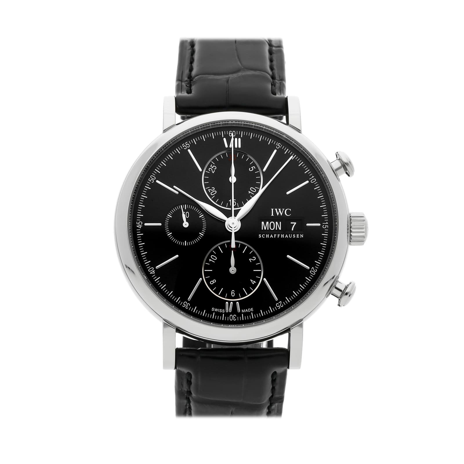 IWC Portofino Chronograph Steel Auto 42mm Black Dial Strap Watch IW3910-29