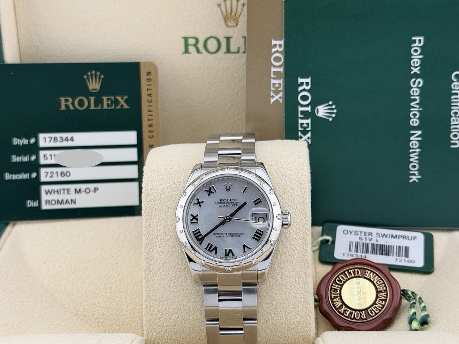 Rolex Datejust Midsize 178344 31mm Mother of Pearl Dial Diamond Bezel Steel