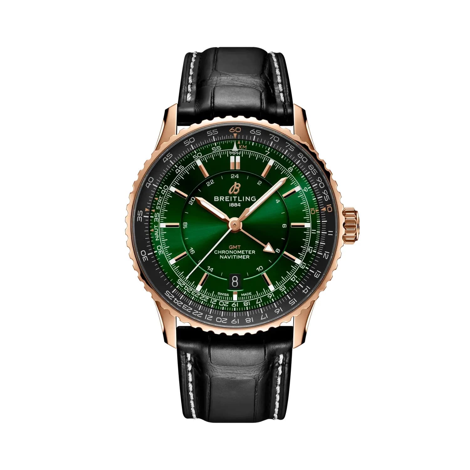 BREITLING R32310251L1P1 NAVITIMER AUTOMATIC GMT 41 18K GOLD GREEN DIAL ALLIGATOR