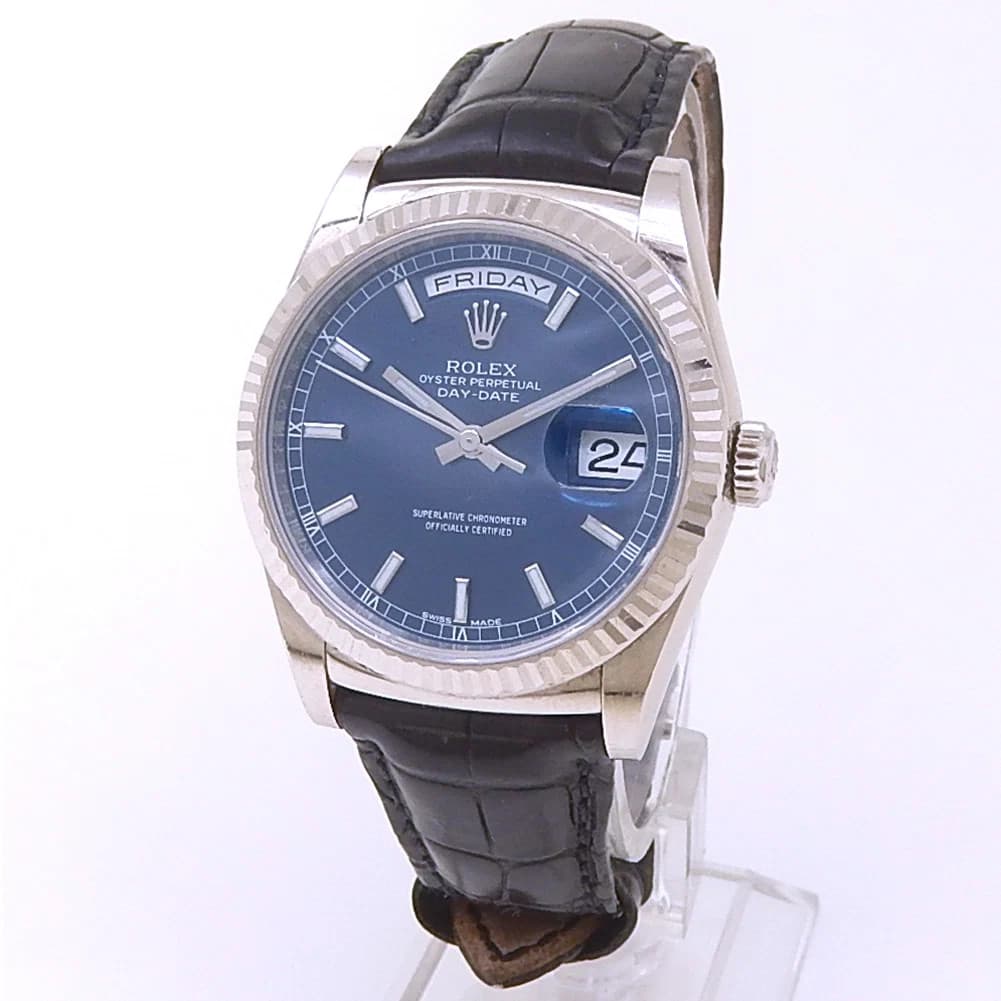 Rolex Day-Date 18k White Gold Black Leather Automatic Blue Men's Watch 118139