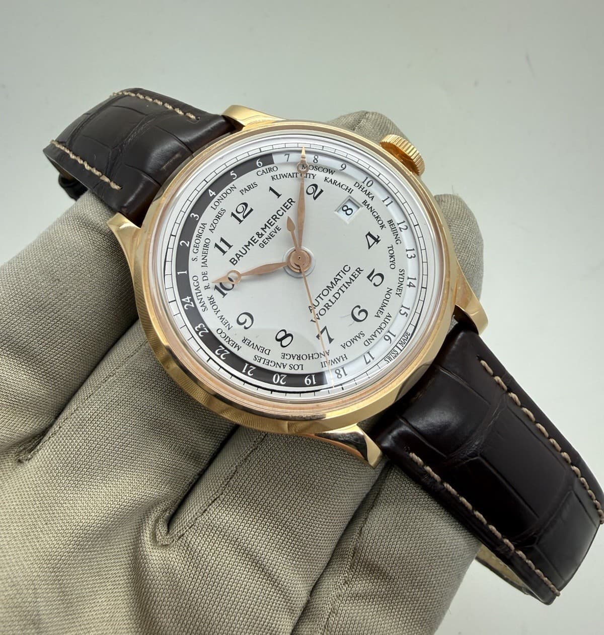 Baume & Mercier Capeland Worldtimer Rose Gold 44mm Leather Strap Watch MOA10107