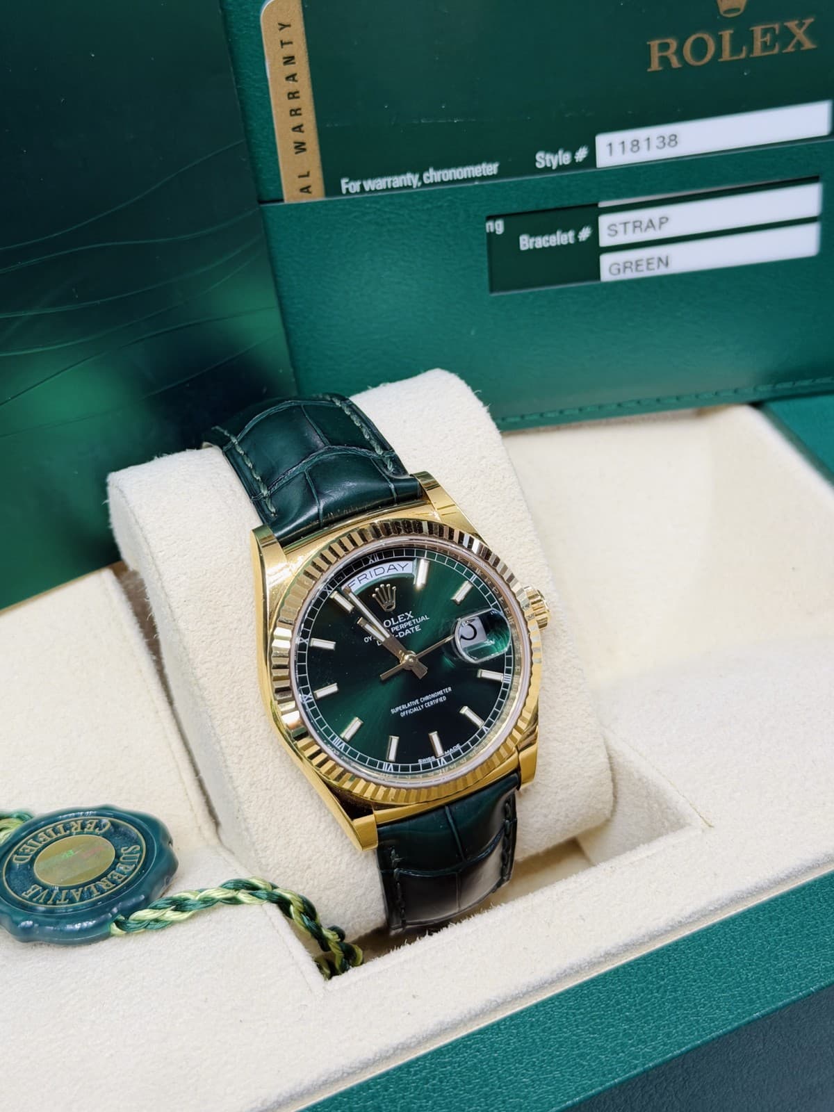 Rolex 118138 Day-Date President 36mm Factory Green Dial Box & Papers