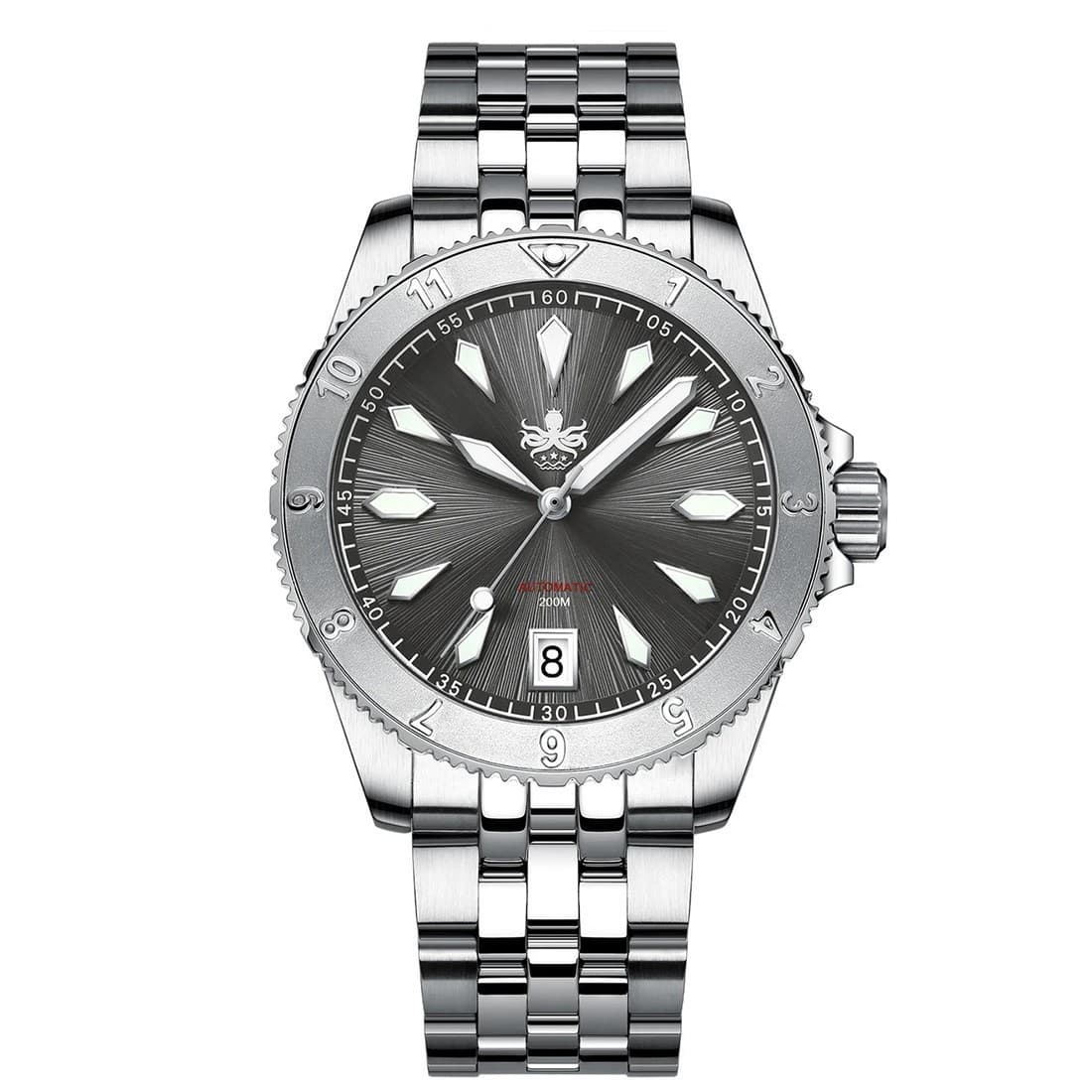 Phoibos Voyager 200M Steel Automatic Grey Sunray Diver Date Men's Watch