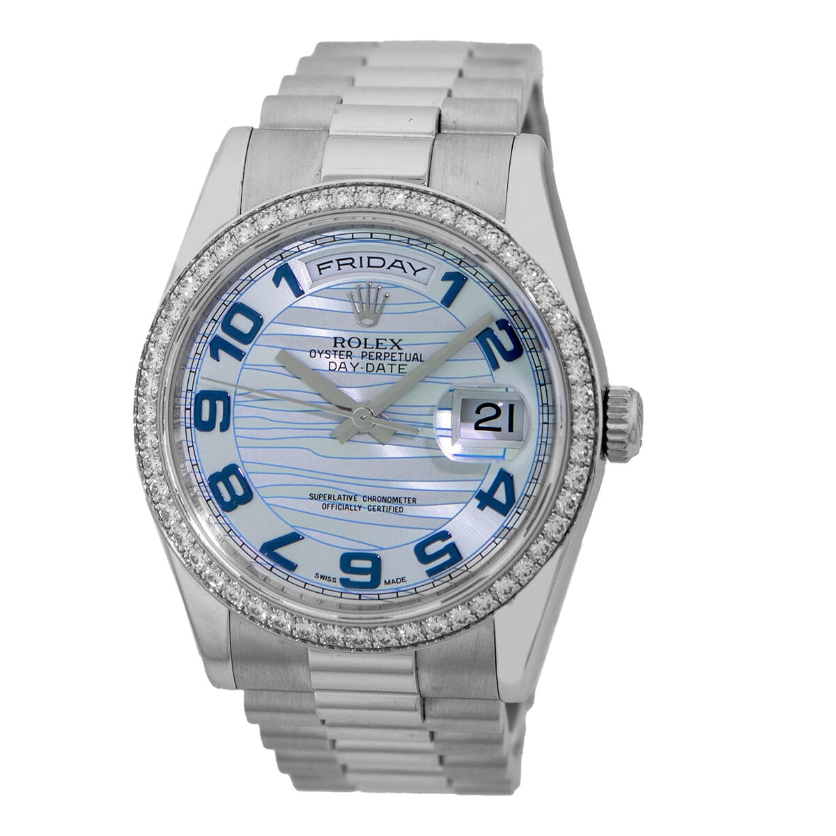 ROLEX Platinum 36mm Diamond Day Date President BlueGlacier Wave 118346 Warranty 
