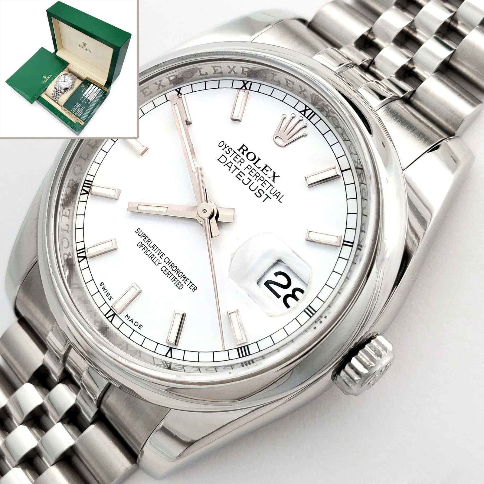 2010 Rolex Datejust 116200 White Index Steel Jubilee 36mm Watch Box/Papers