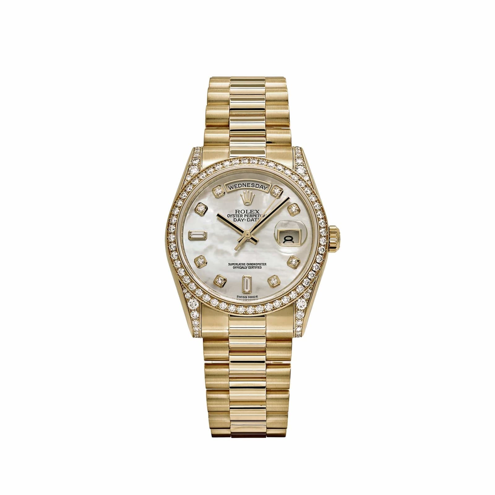 Rolex Day-Date 118388 Yellow Gold White Mother of Pearl Dial Diamond Bezel