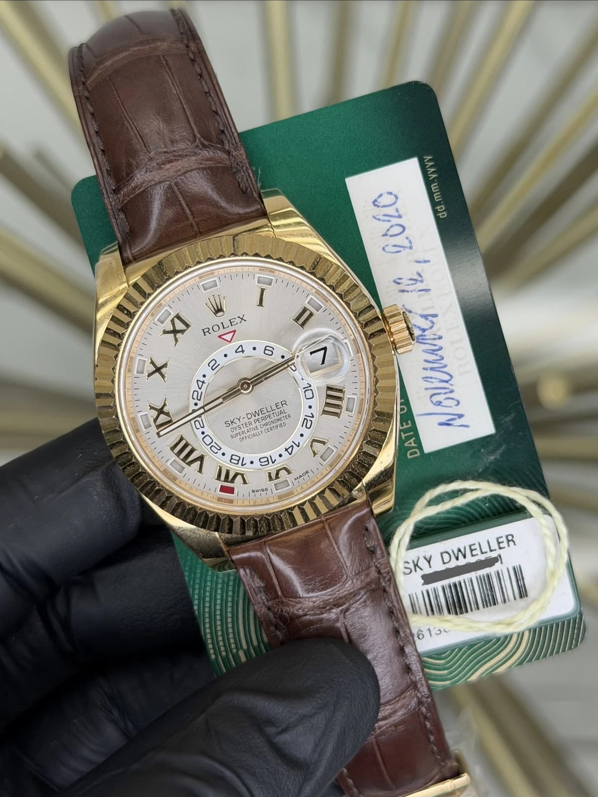2020 Rolex SkyDweller Silver Sunray Roman Dial on Leather 326138 Card
