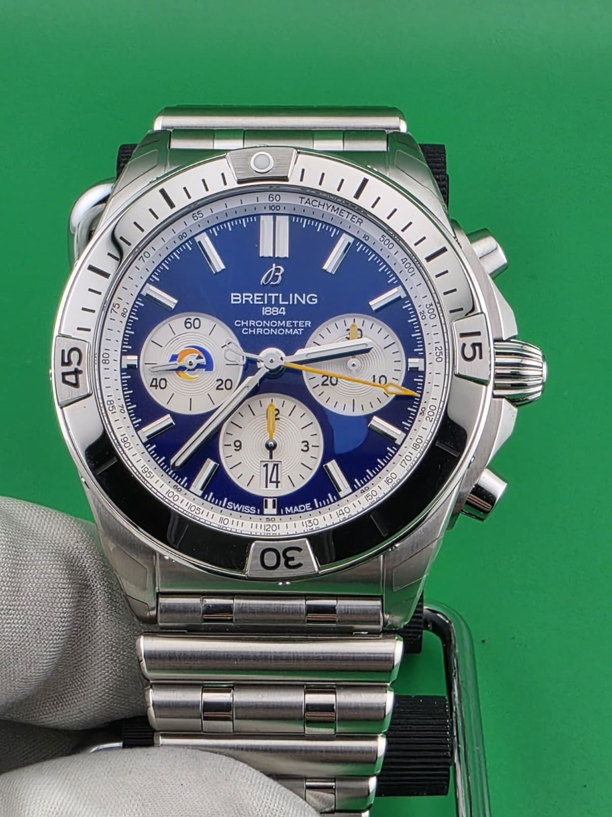 New Breitling Chronomat 42mm Blue Dial NFL LA Rams Edition AB01342B1C9A1 B & P.