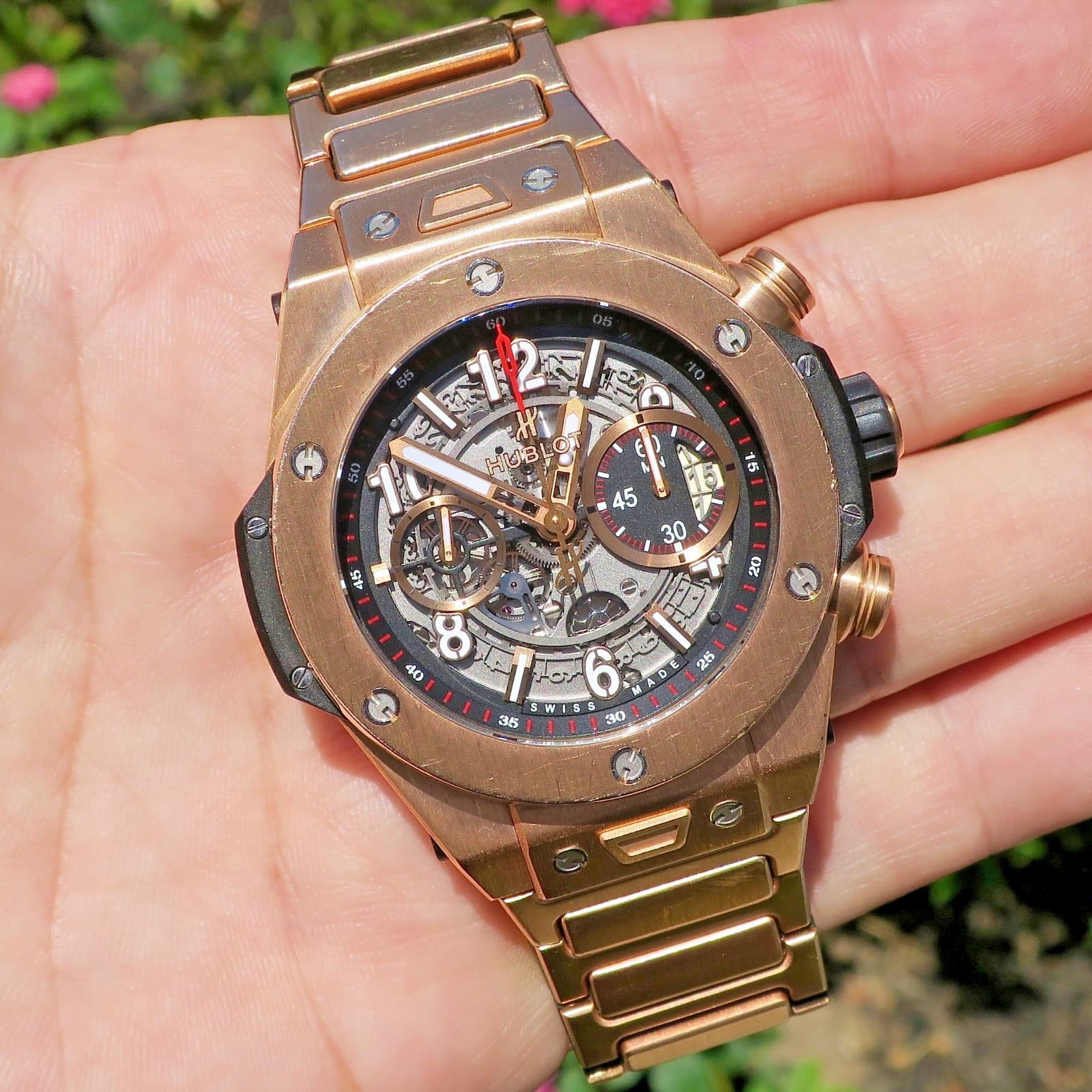Hublot Big Bang 18k Rose Gold Unico 45mm Chronograph on Bracelet 411.OX.1180.OX