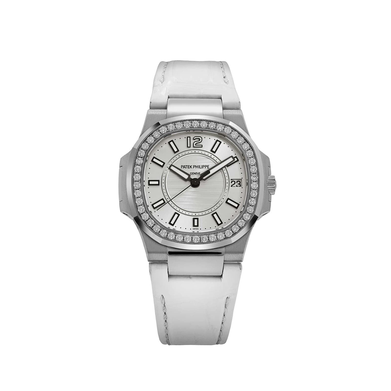 Patek Philippe Nautilus 7010G 'Ladies' White Gold Silver Dial Diamond Bezel