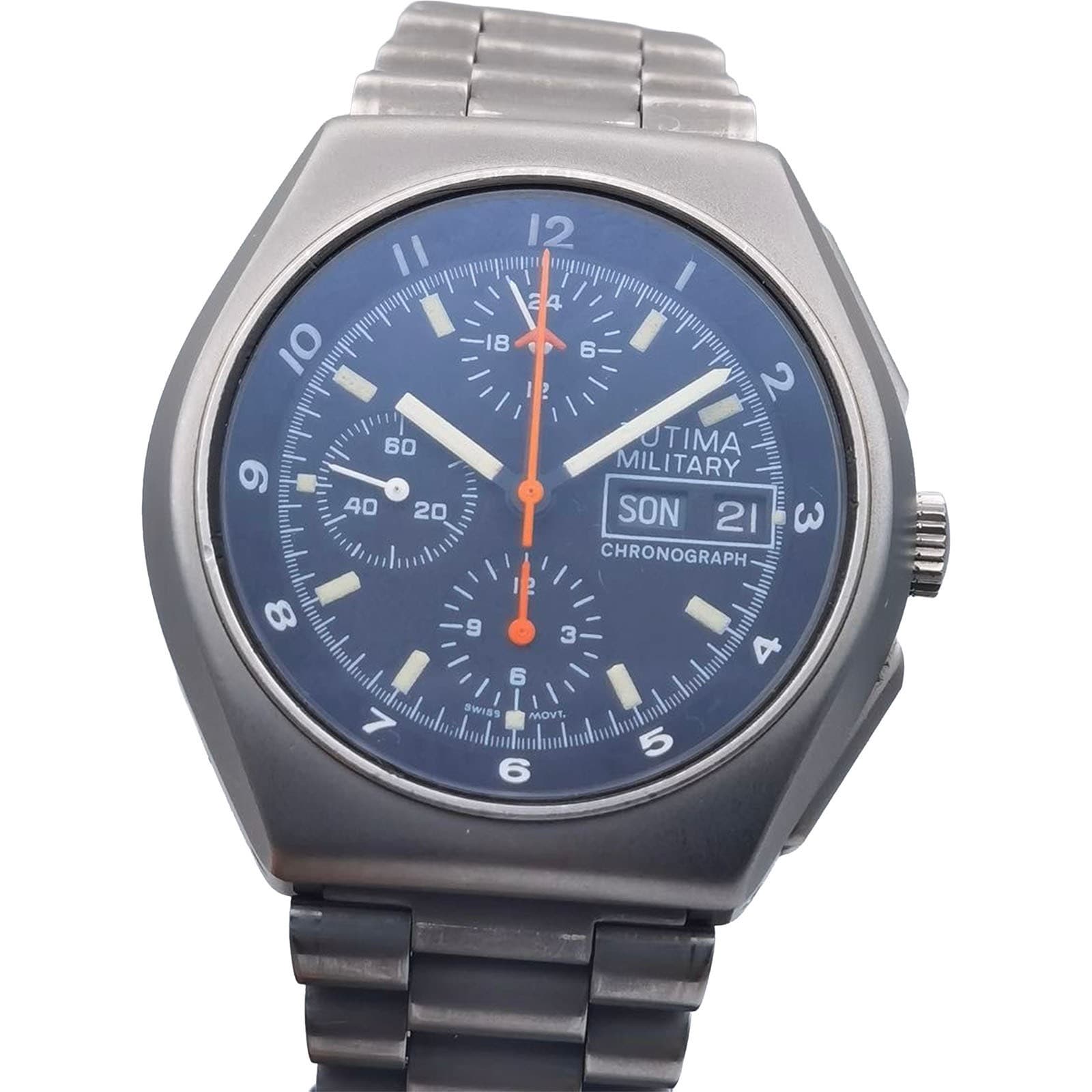Tutima Military Chrono 798 02 Lemania 5100 DayDate SS Black Dial Mens Watch Auth