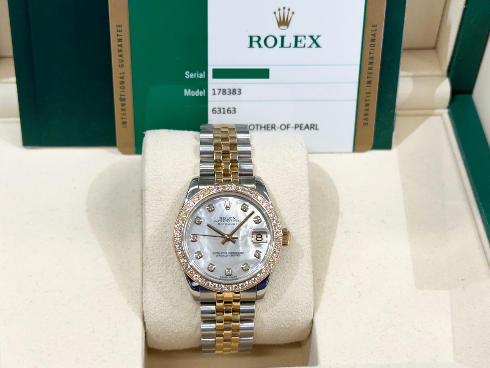 ROLEX 178383 MIDSIZE 31mm Datejust MOP Diamonds 18K Yellow Gold Steel BOX PAPER
