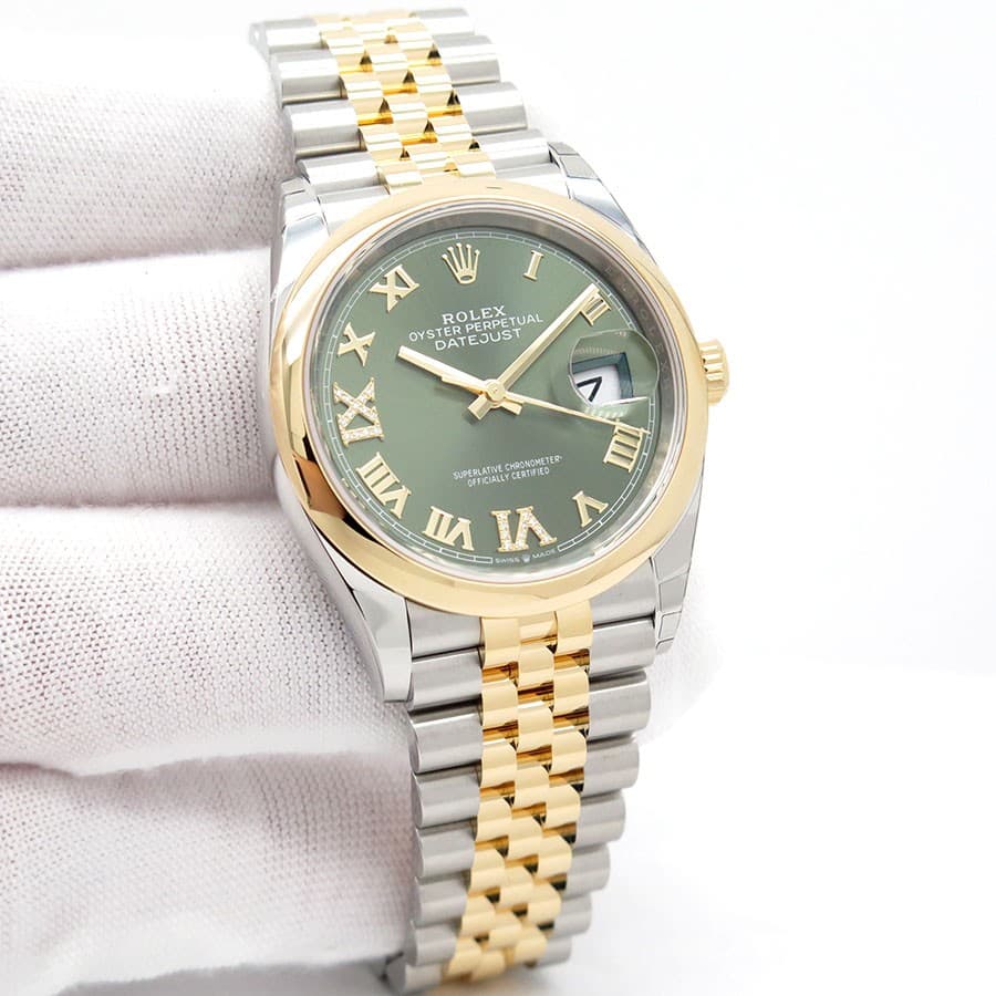 Rolex 126203 Datejust with Olive Green Roman Diamond VI, IX Dial on Jubilee