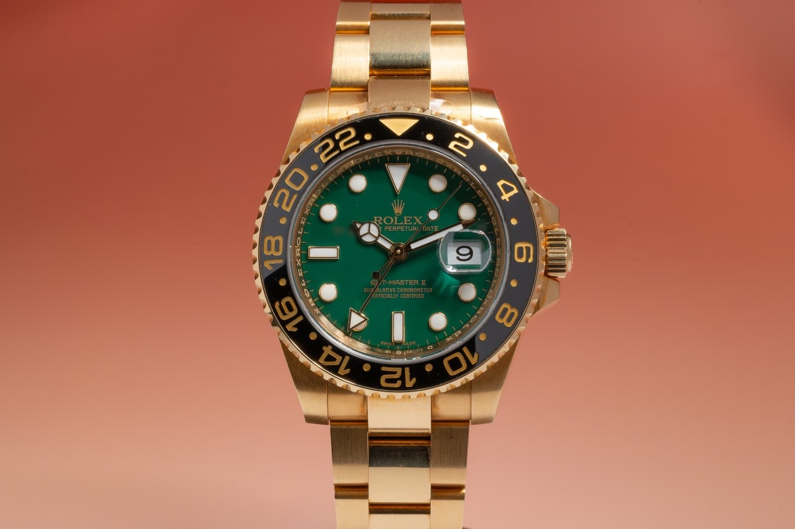 50th Anniversary Rolex GMT Master II 116718LN Oyster Yellow Gold Green 40mm