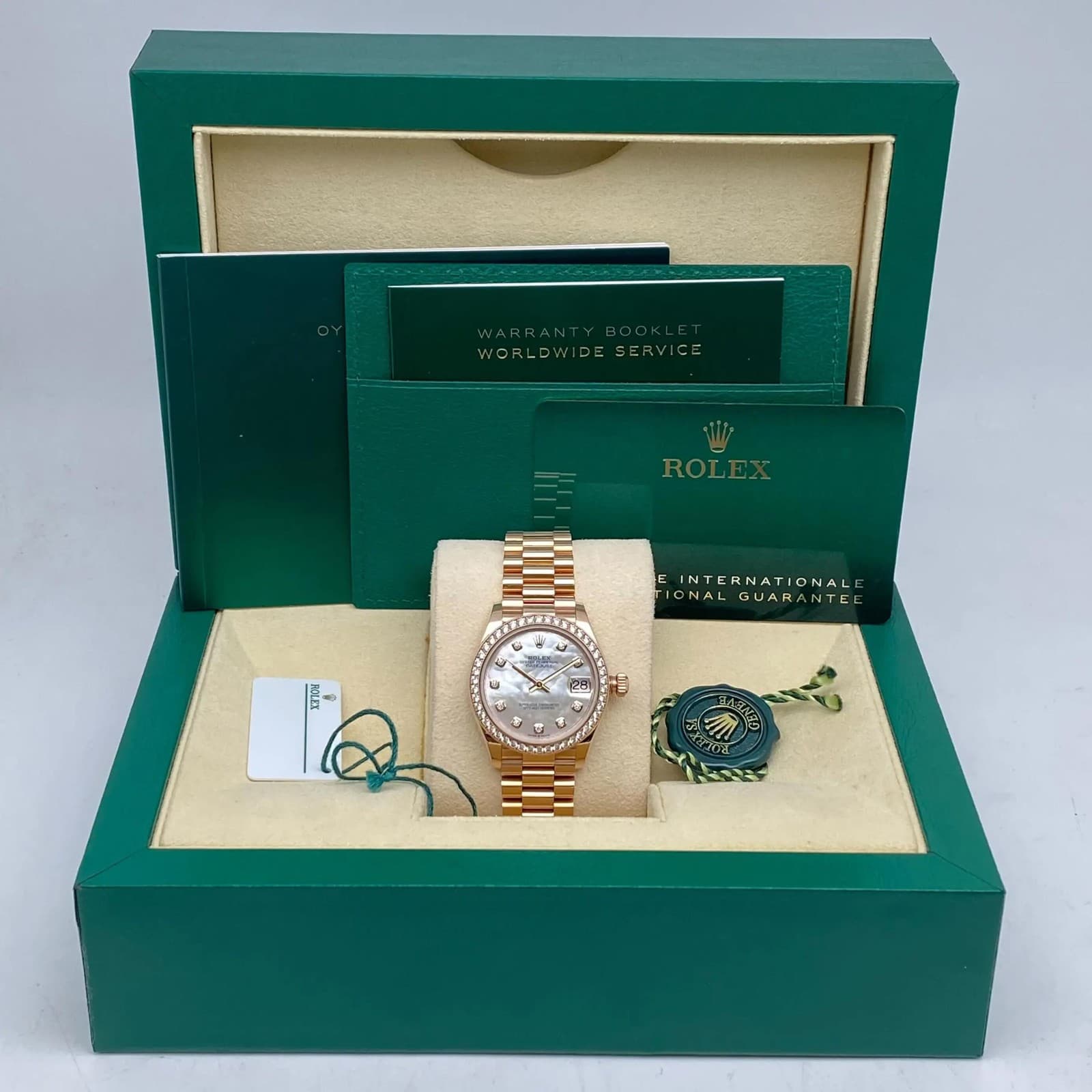 Rolex Ladies President Datejust 31mm 278285RBR 18k Everose Gold MOP Dial Watch