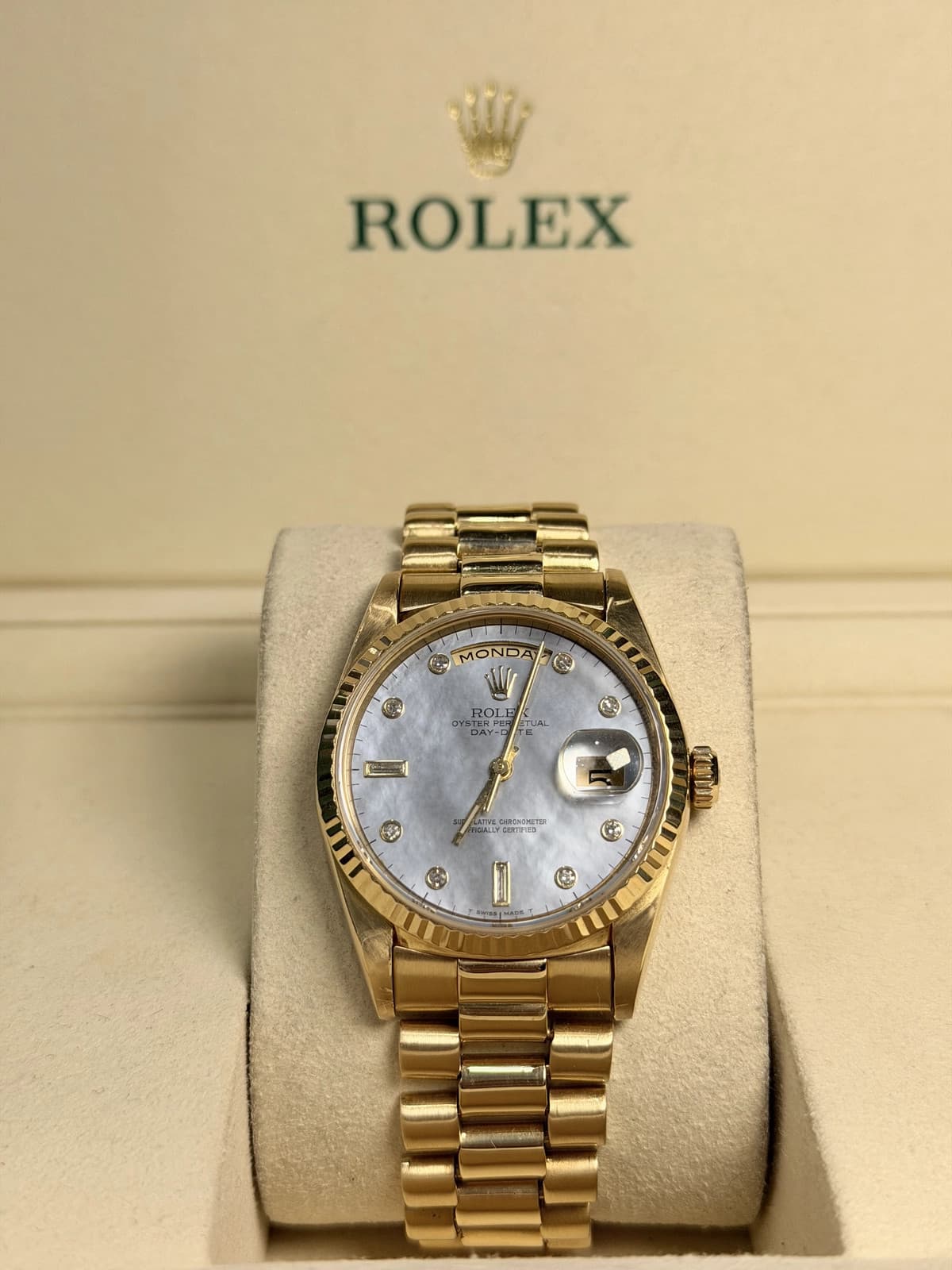 Rolex Day Date 36 Dark Mother of Pearl Diamond Dial on President 18238 with Box