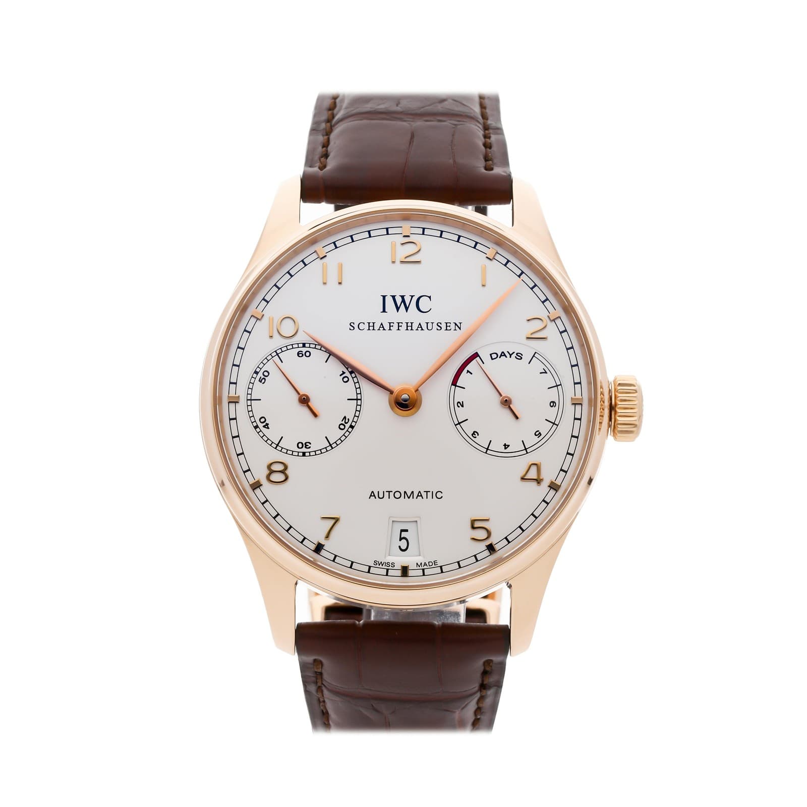 IWC Portuguese 7 Day Rose Gold Auto 42mm Silver Dial Strap Watch IW5001-01