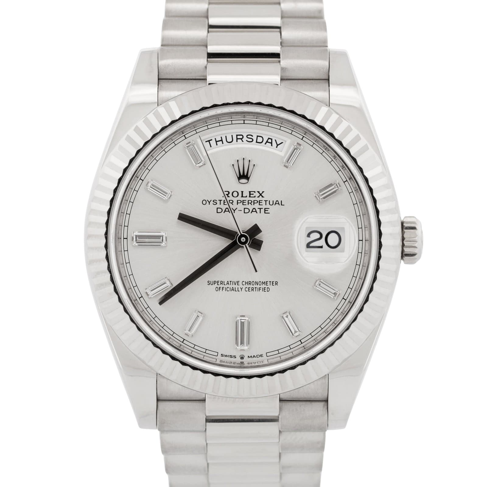 2024 Rolex Day-Date President 228239 Silver Baguette Diamond 18K 40mm Box Papers