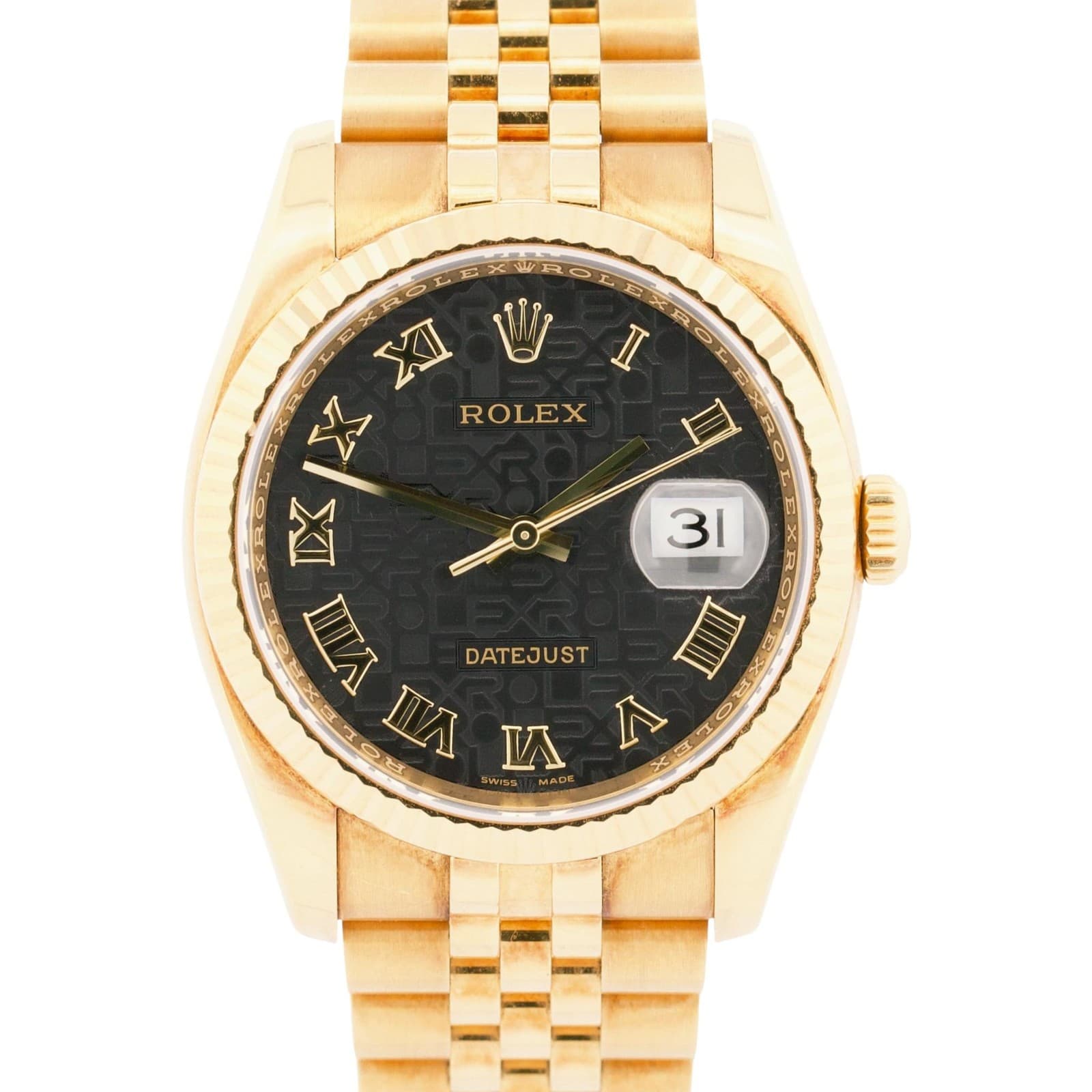 UNPOLISHED PAPERS Rolex DateJust 36mm BLACK ROMAN COMPUTER 18K REHAUT 116238 BOX