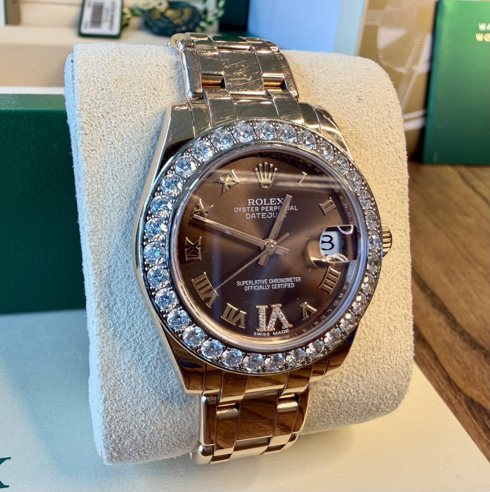 Rolex Pearlmaster 81285 18K Everose Gold Chocolate Roman Diamond Bezel, B & C