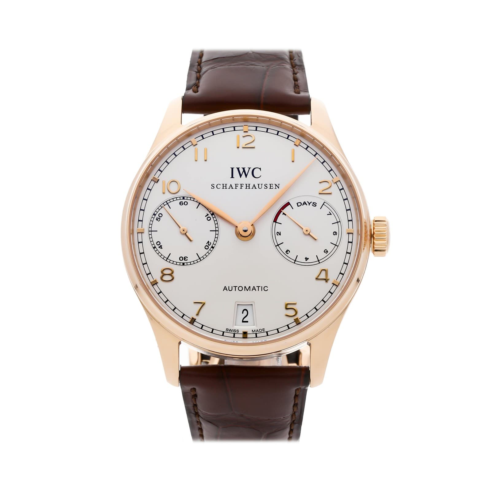 IWC Portuguese 7 Day Rose Gold 42mm Silver Dial Auto Strap Watch IW5001-01