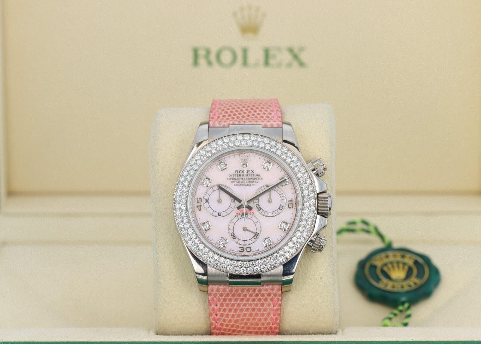 Rolex Cosmograph Daytona, Pink MOP Diamond Dial, White Gold on Strap, 116589RBR