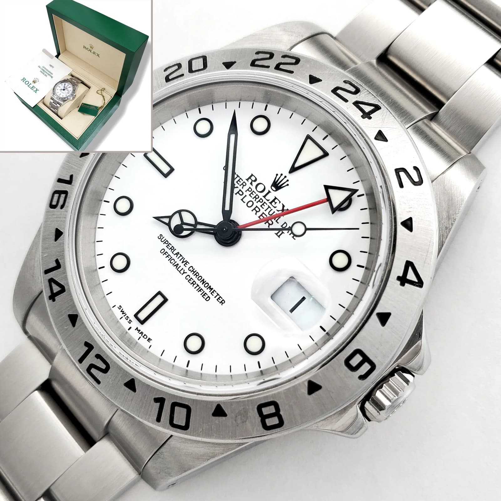2001 Unpolished Rolex Explorer II Polar White Steel 40mm 16570 Box/Papers/Tag