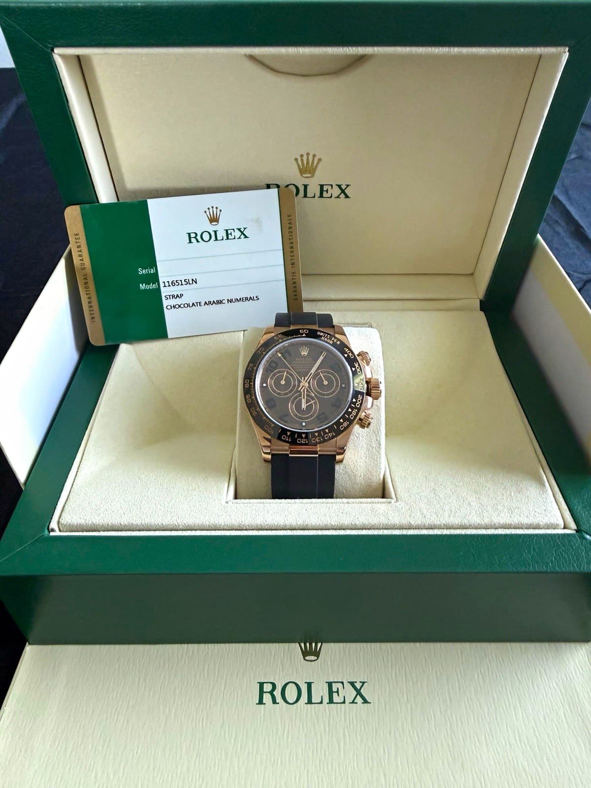 Rolex Cosmograph Daytona 40mm Brown Arabic Dial Black Rubber Strap Box Papers