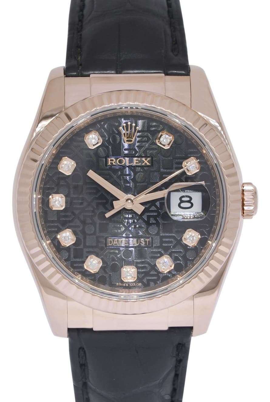 Rolex Datejust 18k Rose Gold Black Jubilee Diamond Dial 36mm Watch 116135