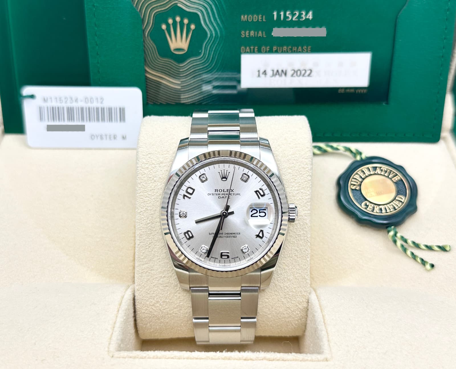 2022 Rolex Date 115234 34mm Silver Diamond Arabic Dial 18K Gold Steel Box Paper