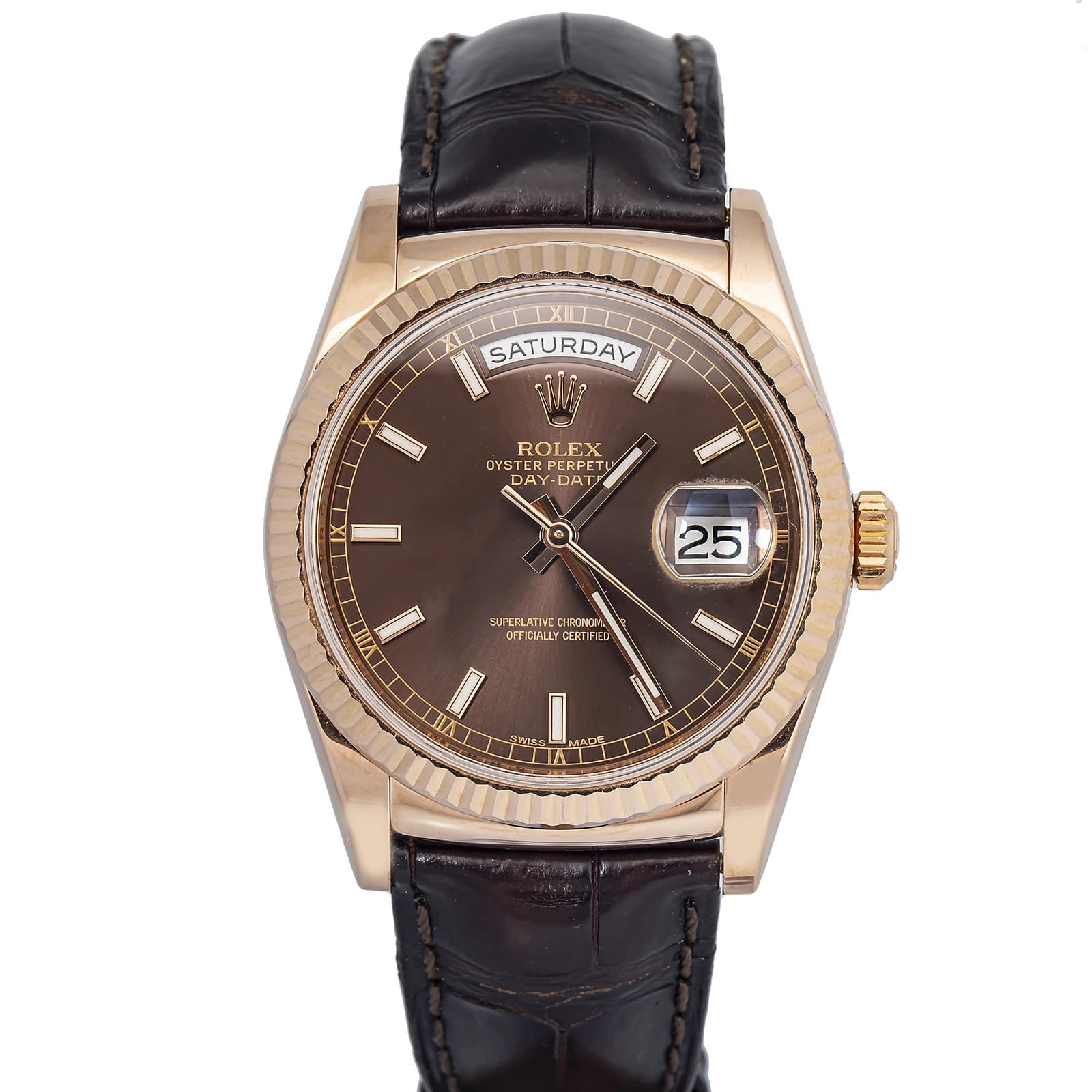 Rolex Day-Date 36 118135 Leather Strap Rose Gold Chocolat Stick Automatic 36mm