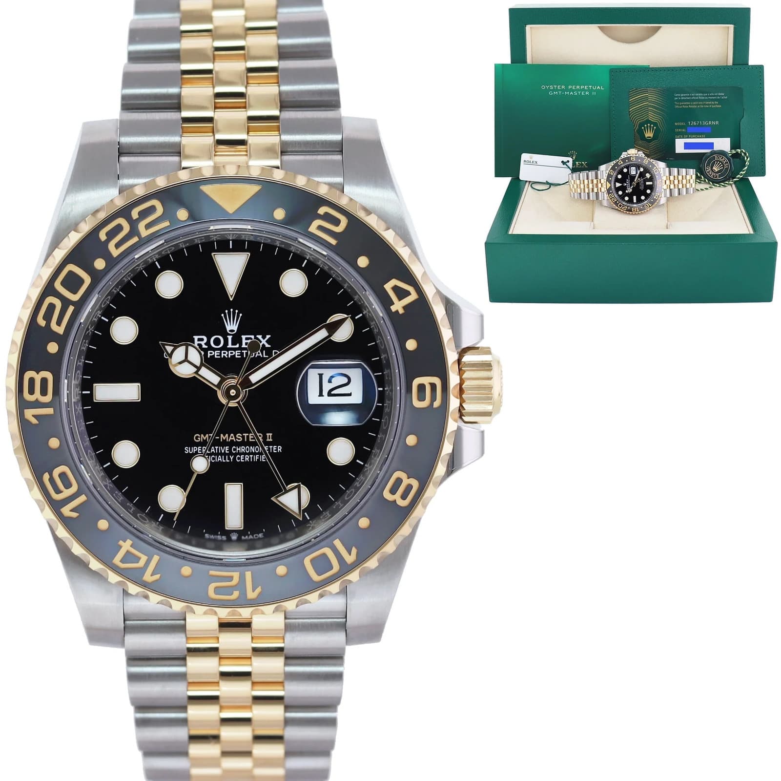 2024 NEW PAPERS Rolex 126713GRNR GMT Master II Gold Two Tone Jubilee Black Watch