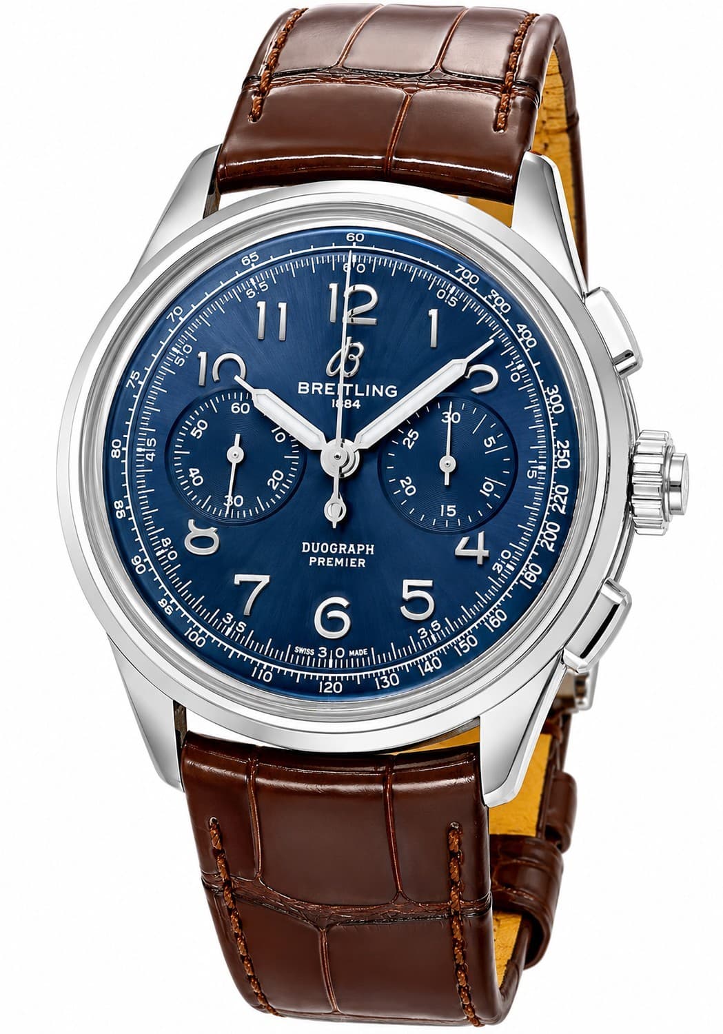 New Breitling Premier B15 Duograph 42 Blue Dial Leather Mens Watch AB1510171C1P1