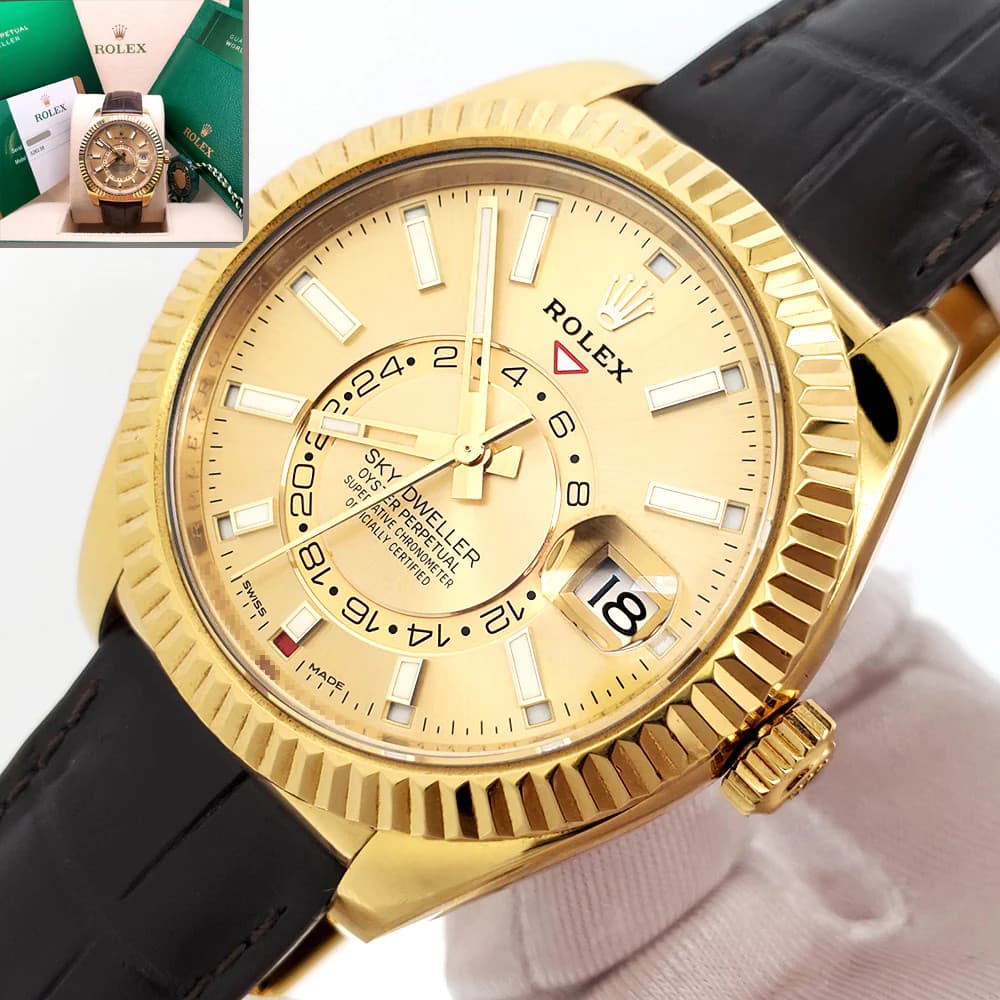 2019 Rolex Yellow Gold Sky-Dweller Champagne Index Leather Strap 42mm Box Papers