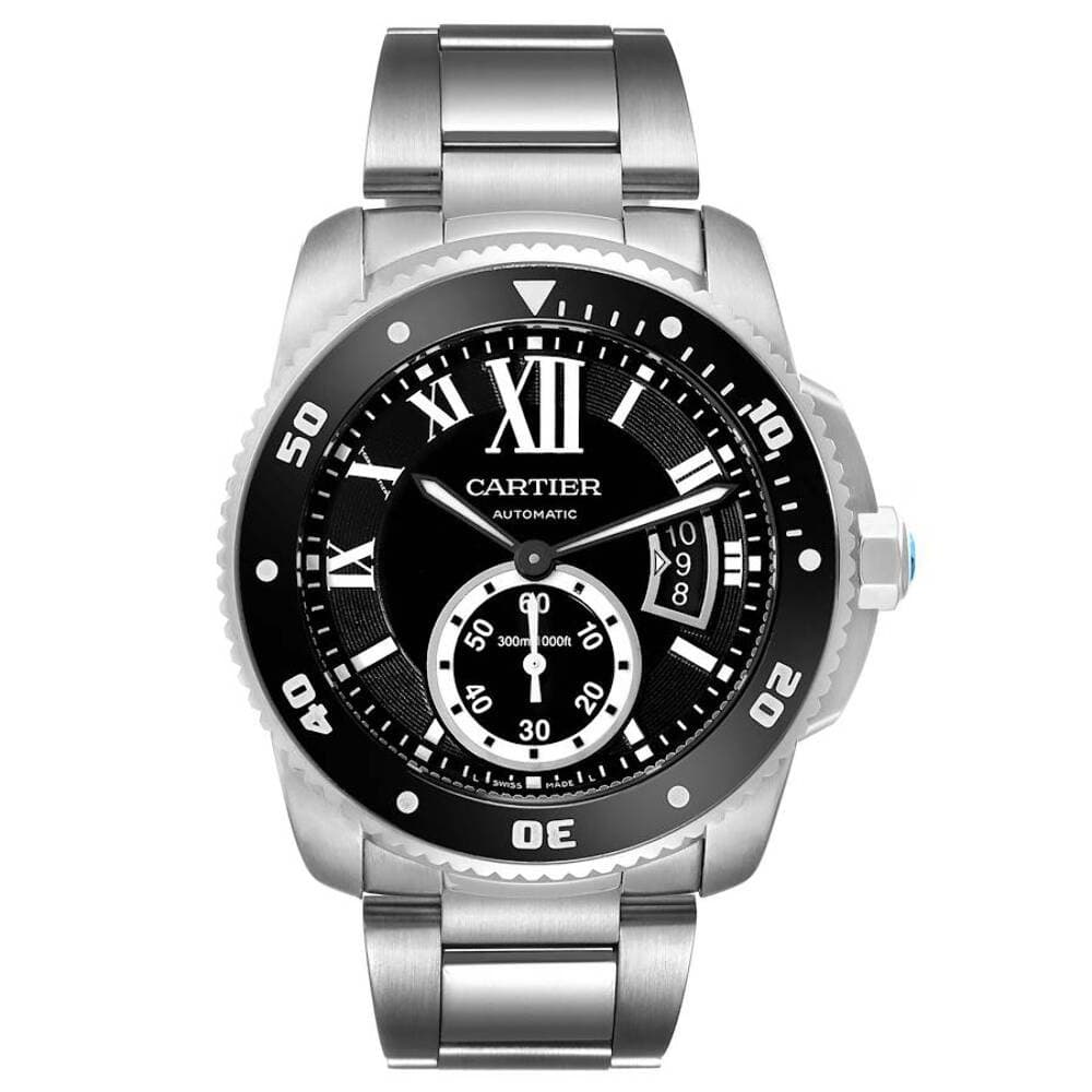 Men's Cartier 44mm Calibre Automatic Steel Watch w/Black Dial & Rotating Bezel.