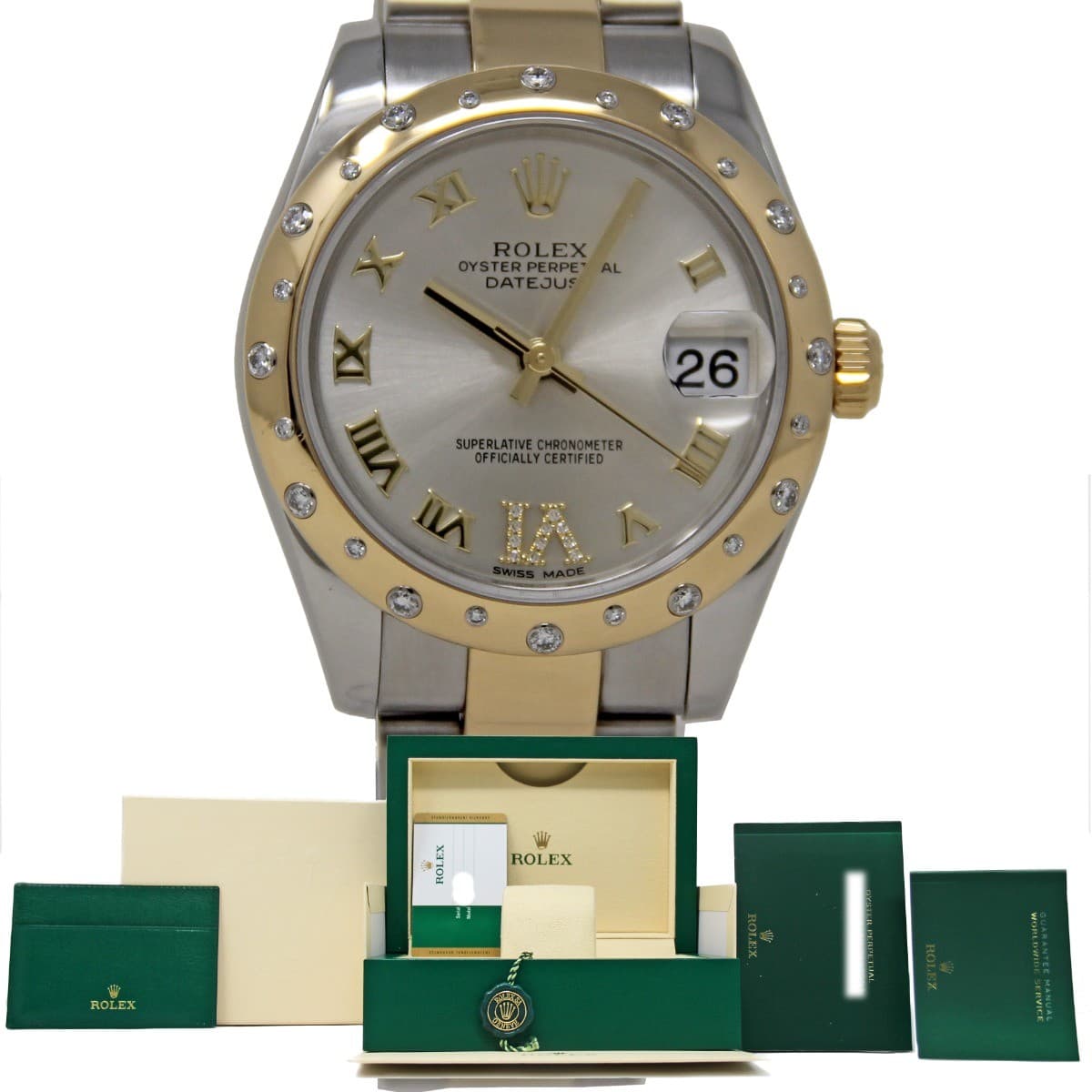 Rolex 178343 Datejust 31mm Steel Gold FACTORY Silver ROMAN DIAMOND/BEZEL #2656-1