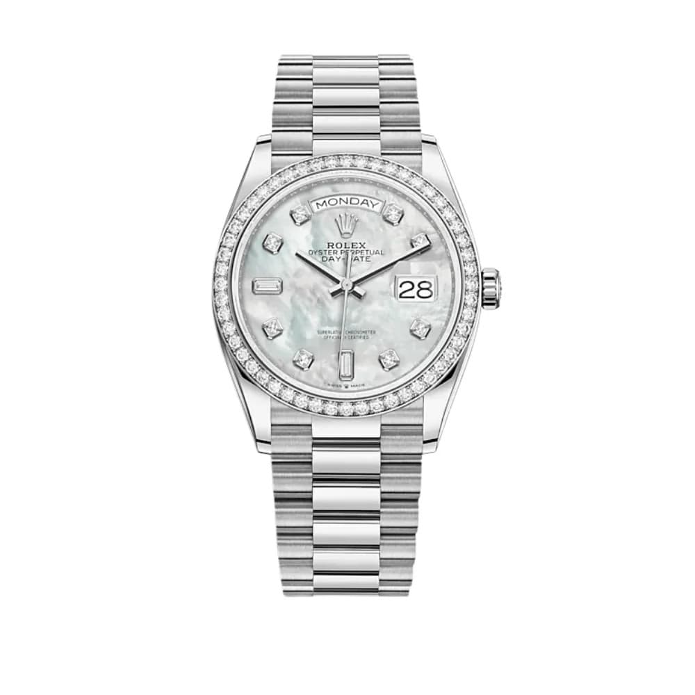 Rolex Day-Date 36 128349RBR White Gold White Mother of Pearl Diamond Dial