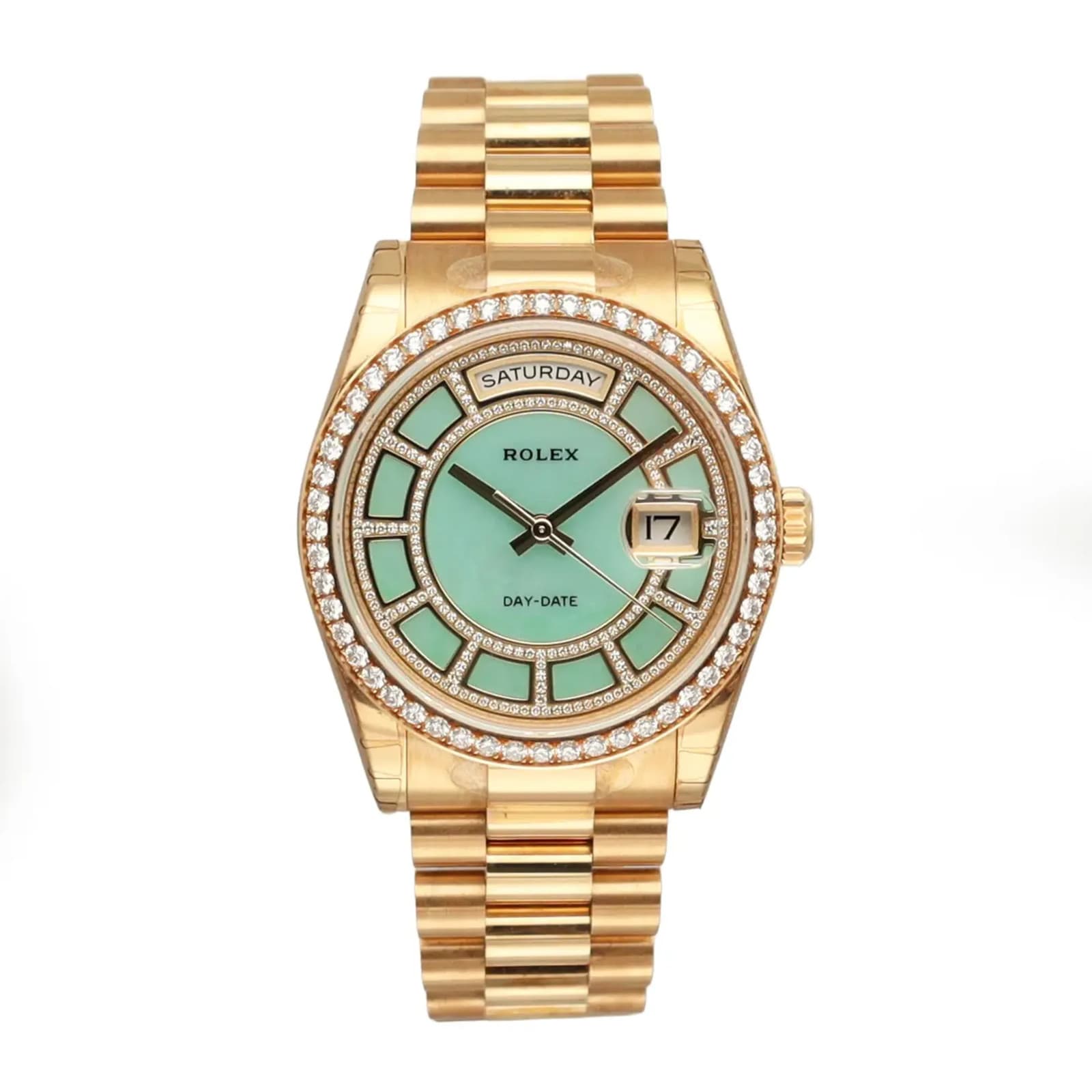 Rolex Day-Date 36MM Green Jade Carousel Diamond Dial Yellow Gold Watch 118348