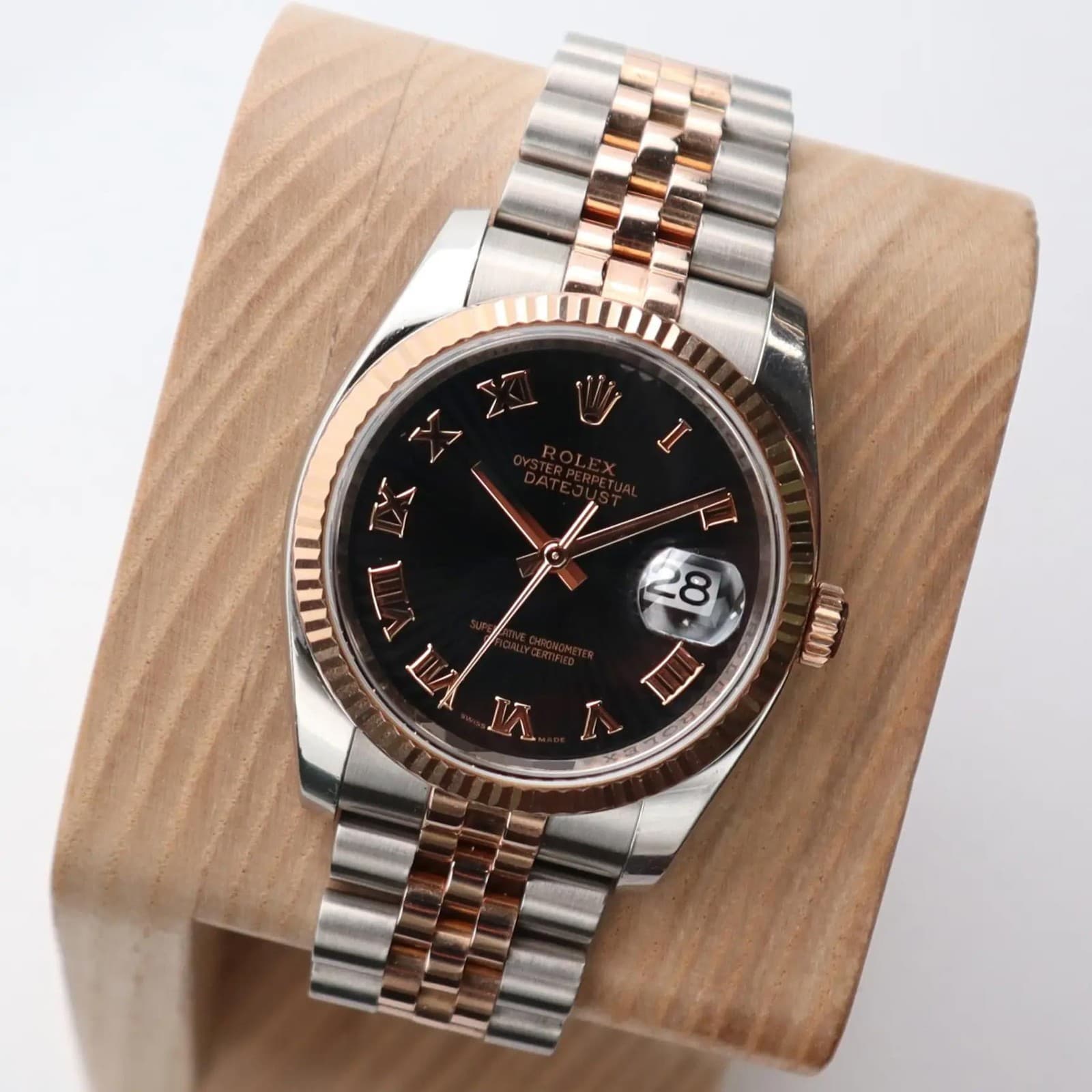 Rolex Datejust 36 116231 18k Rose Gold Steel Black Sunbeam Roman Dial Watch