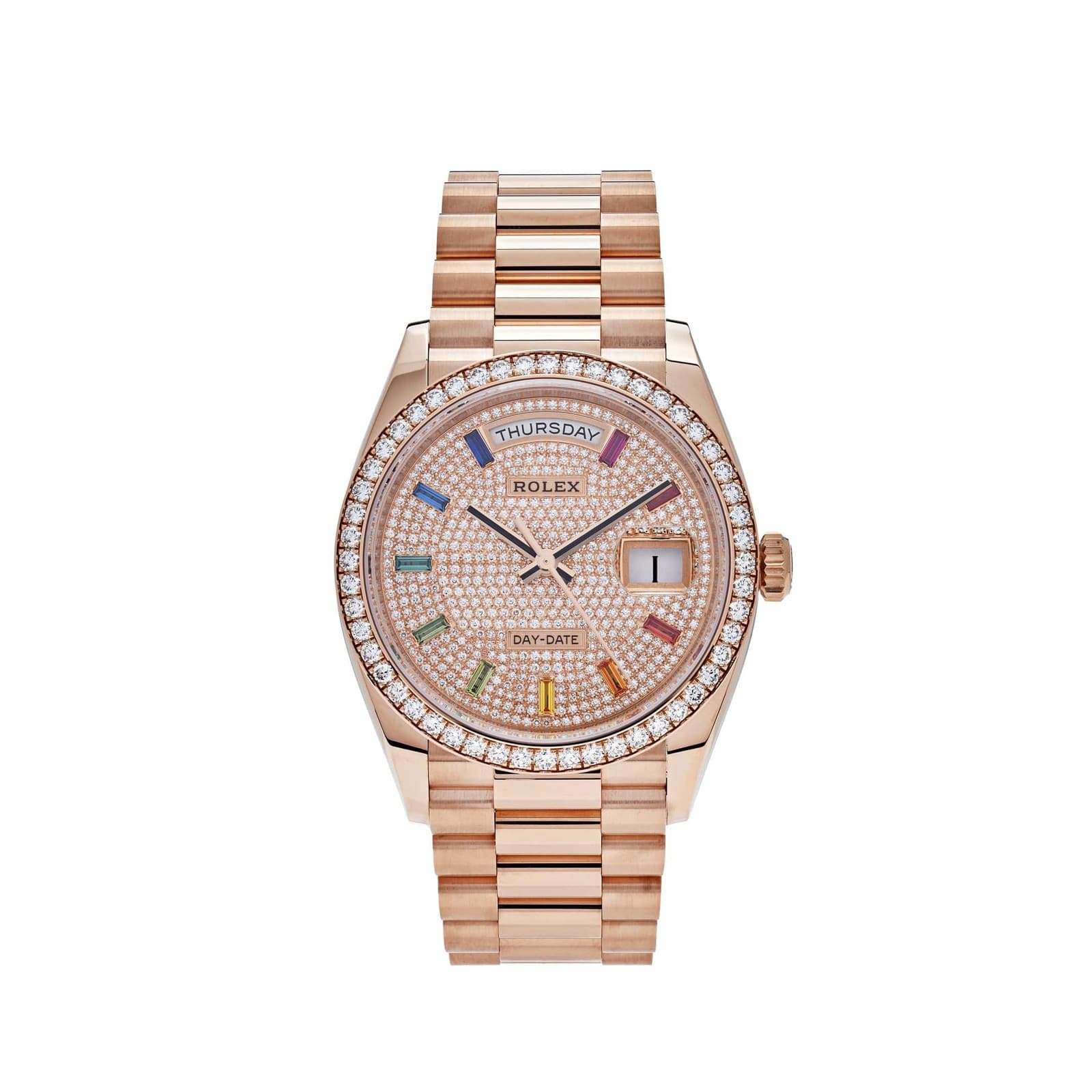 Rolex Day-Date 36 128345RBR Rose Gold Rainbow Diamond Pave Dial Diamond Bezel
