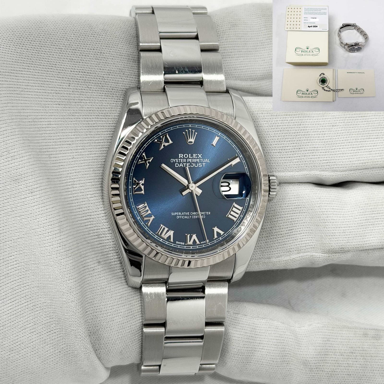 2004 Rolex Datejust 116234 36MM Blue Fluted Oyster Steel Cpo Set F-Serial