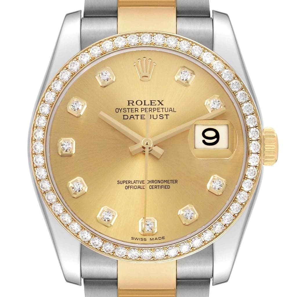 Rolex Datejust 36 Steel Yellow Gold Champagne Dial Diamond Mens Watch 116243