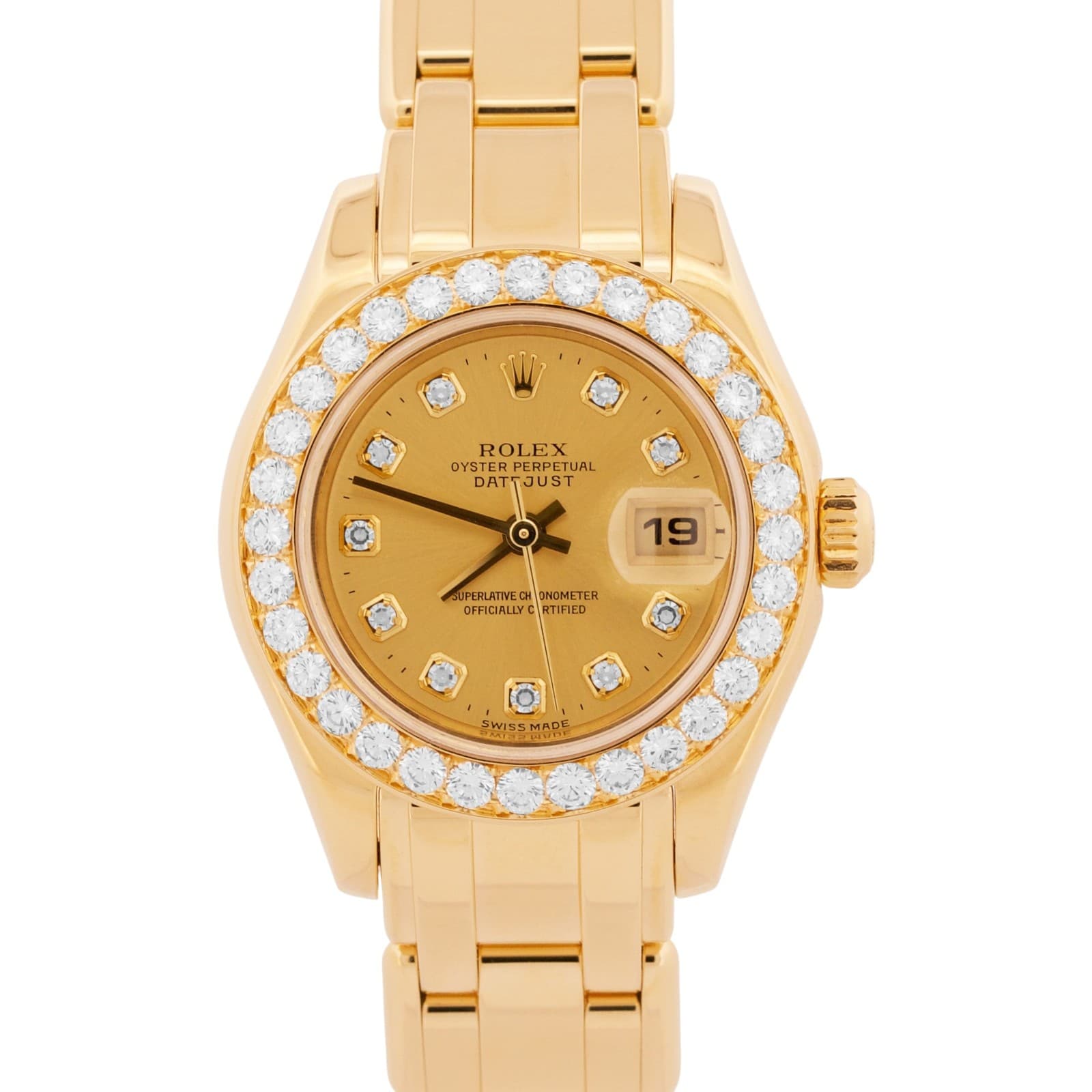 2001 PAPERS Rolex DateJust Pearlmaster CHAMPAGNE DIAMOND 18K Gold 29mm 80298 BOX