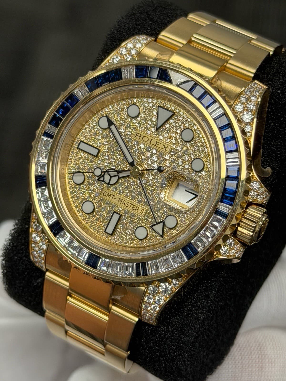 RARE Rolex GMT 116758SA PAVE FACTORY SAPPHIRE Yellow Gold 116758  B+P Stickered 