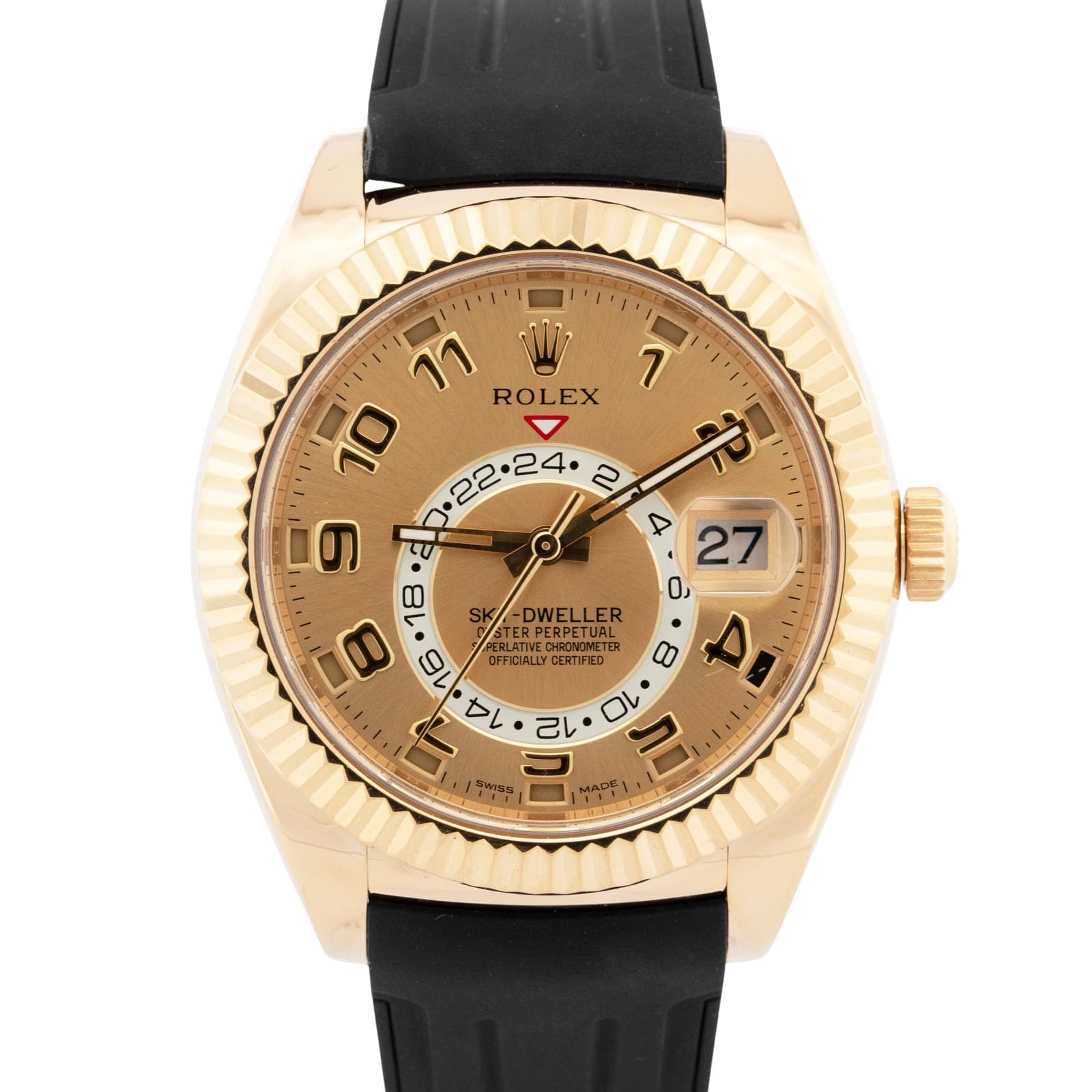 Rolex Sky-Dweller CHAMPAGNE Arabic 18K Yellow Gold 42mm Rubber 326138 Watch