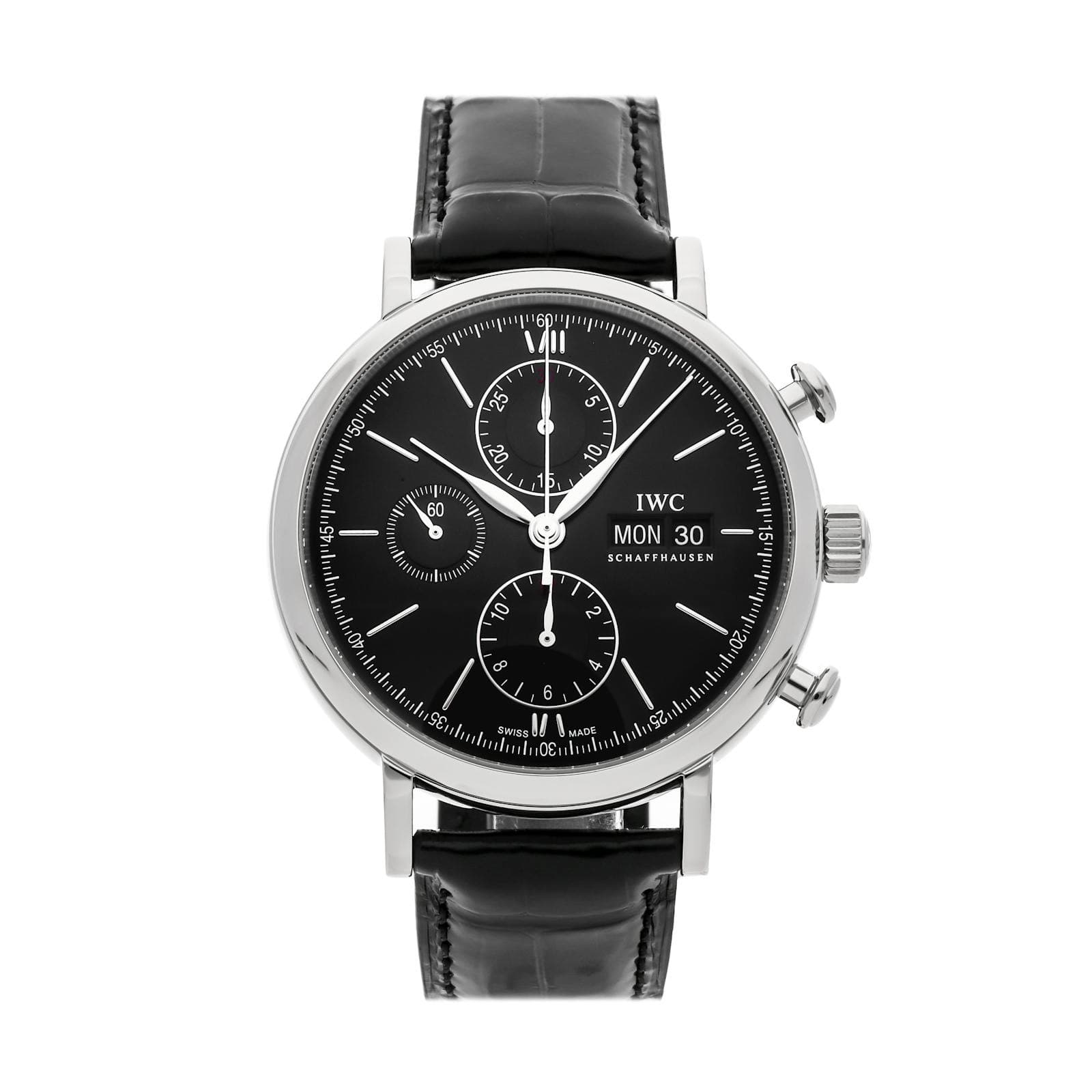 IWC Portofino Chronograph Steel Auto 42mm Black Dial Strap Watch IW3910-08