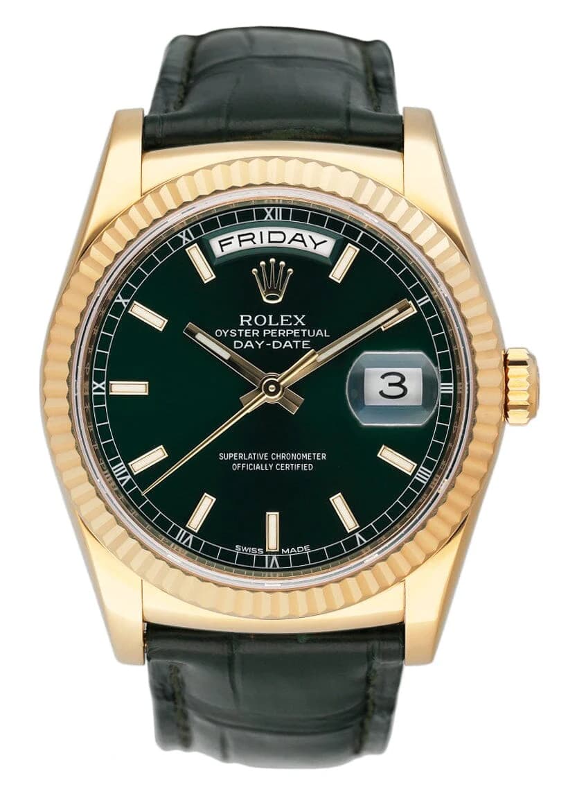 Rolex Day Date 118138 Green Dial 18K Yellow Gold Mens Watch Box Papers